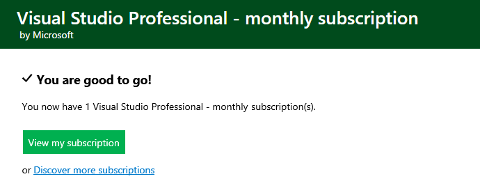 Screenshot of a monthly subscription purchase confirmation dialog showing the purchase of one subscription. Finish purchase successfully