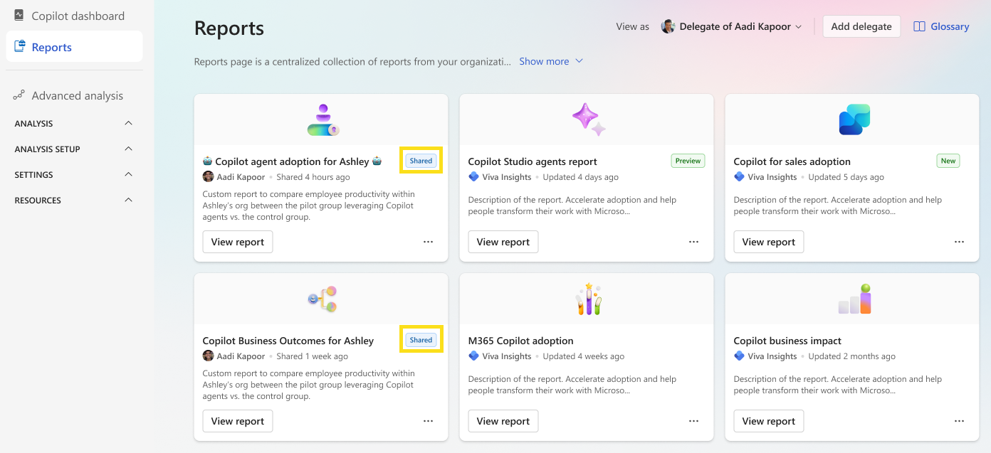 Screenshot that shows shared Copilot Analytics reports.