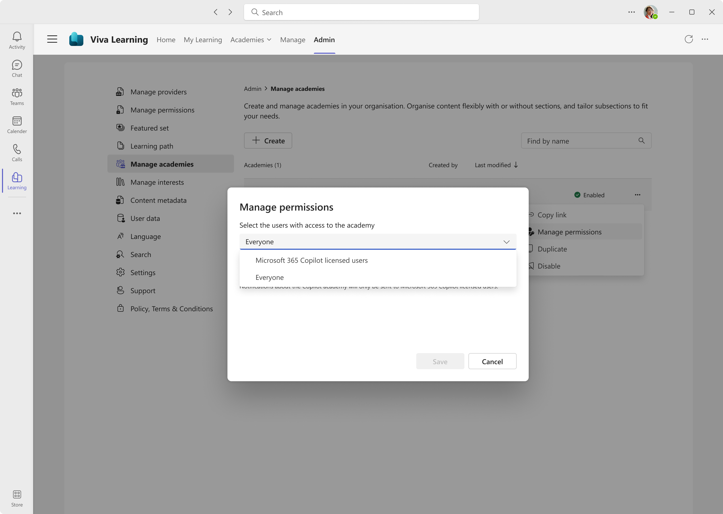 Screenshot of options in Copilot Academy Manage Permission modal.