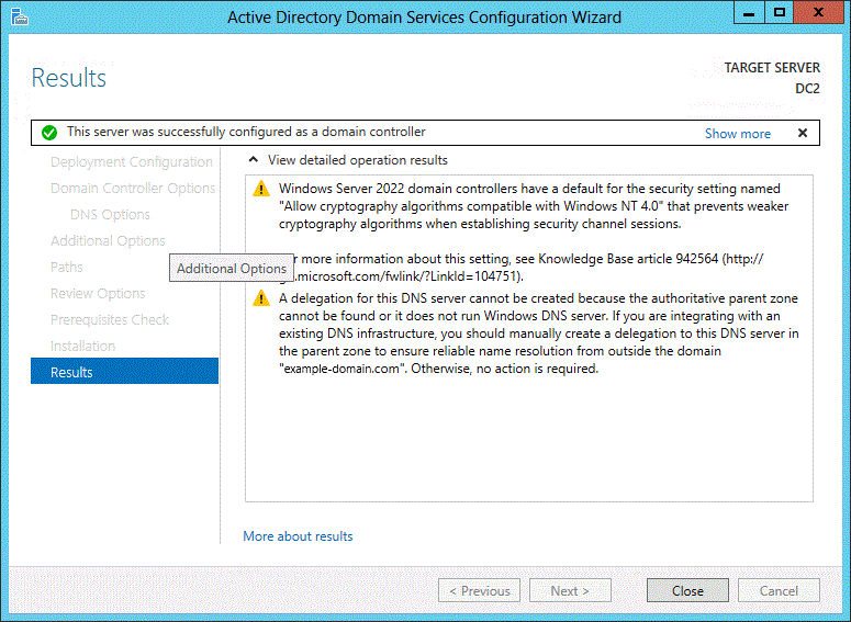 Screenshot of the Results page of the wizard. Text indicates the successful configuration of a domain controller. Warnings are visible.