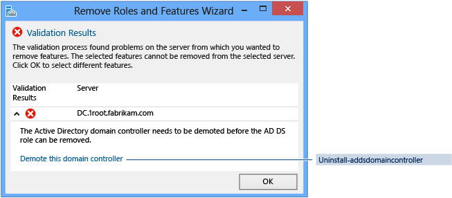 Screenshot that shows validation results in the Remove Roles and Features Wizard.