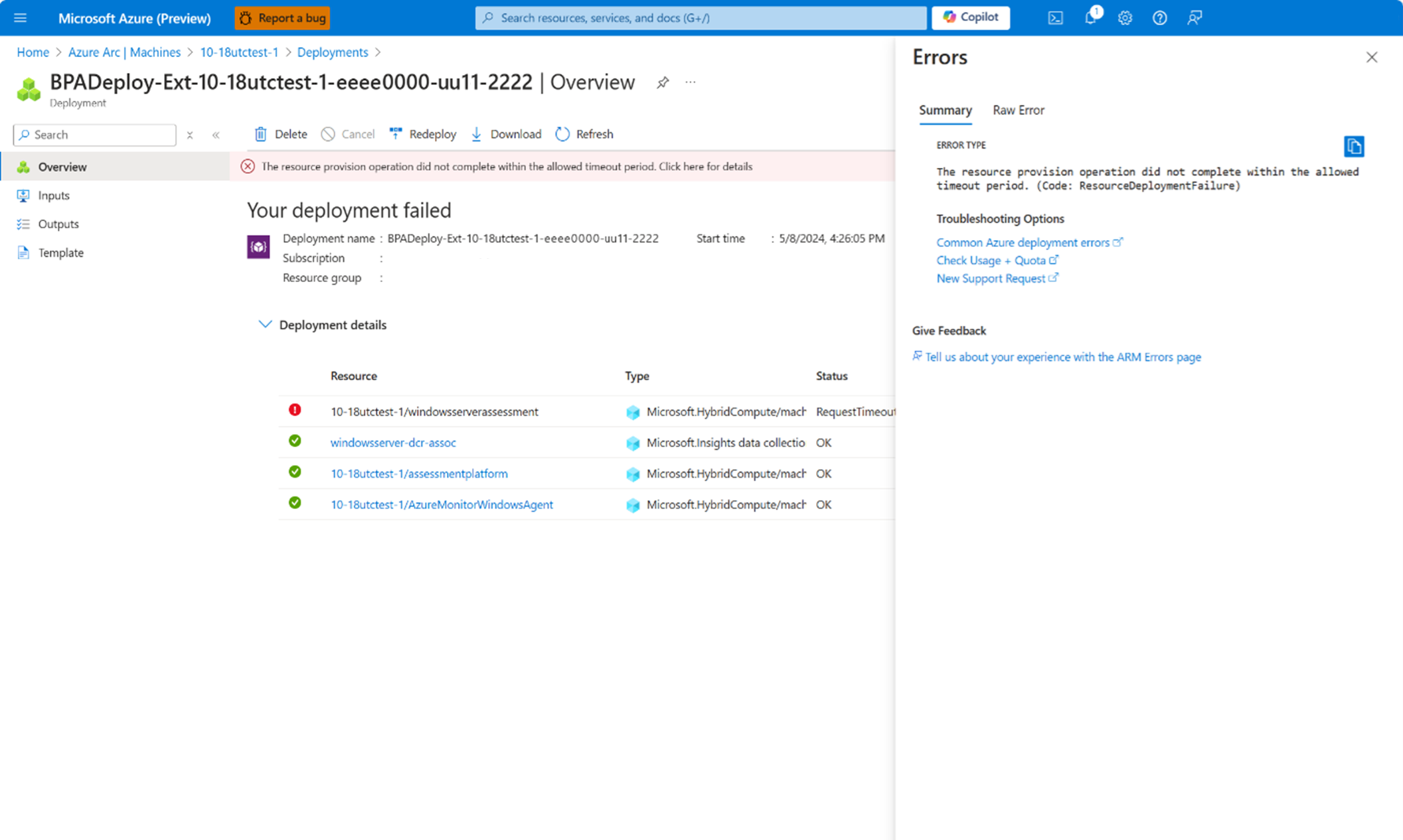A screenshot of the Best Practices Assessment tool deployment failing with the error notification stating "Your deployment failed".
