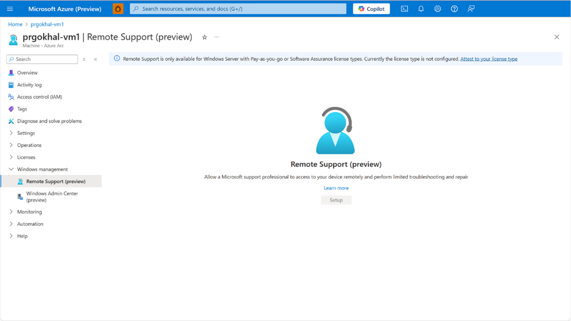A screenshot of the Azure portal with the remote support tool selected under the Windows management node.