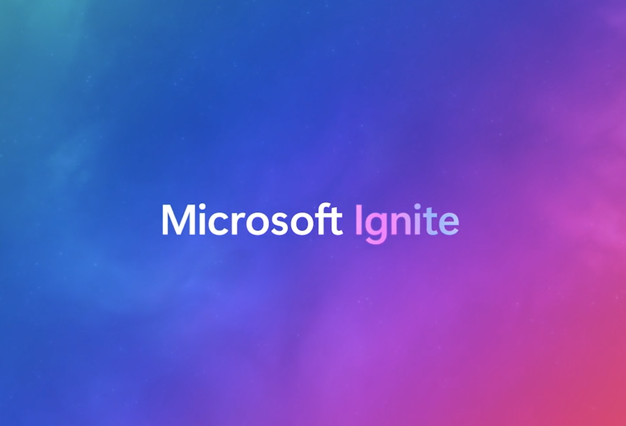 Microsoft Ignite title card, white text on purple blue background