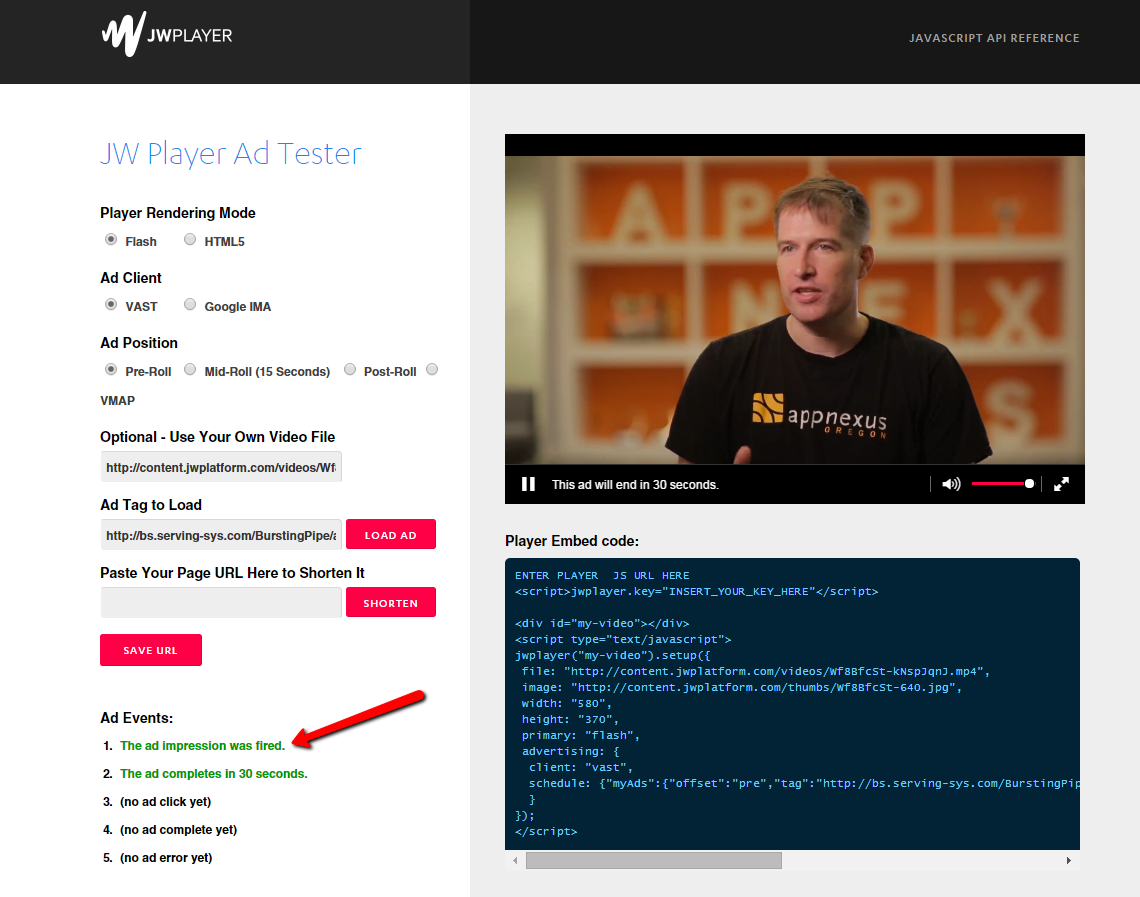 Screenshot of the validator's player with the ad event log.