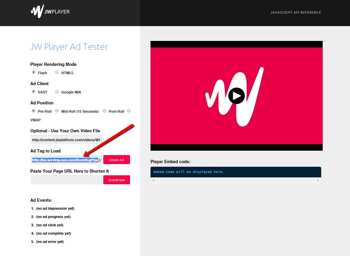 Screenshot of a third-party VAST validator, J W player.