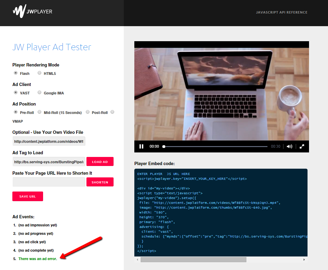 Screenshot of JW Player Ad Tester that shows the ad events log for a failed validation.