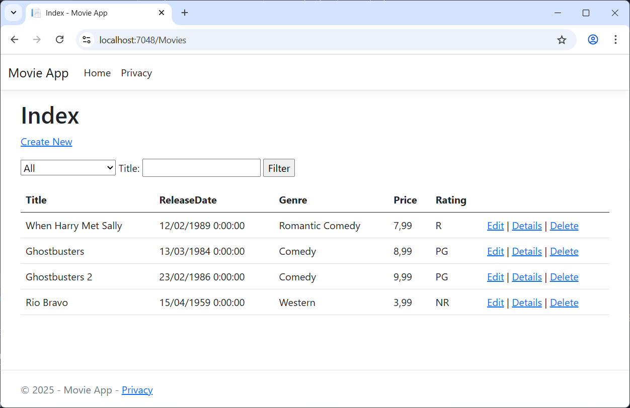 La aplicación Movie de MVC se abre en Microsoft&nbsp;Edge y muestra datos de la película