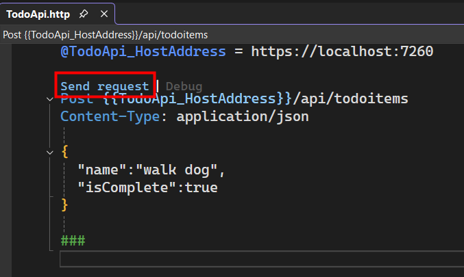 Ventana de archivos .http con el vínculo de ejecución resaltado.