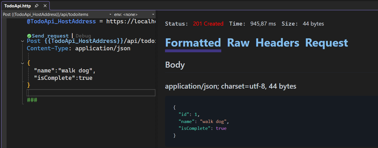 Ventana del archivo .http con la respuesta de la solicitud POST.