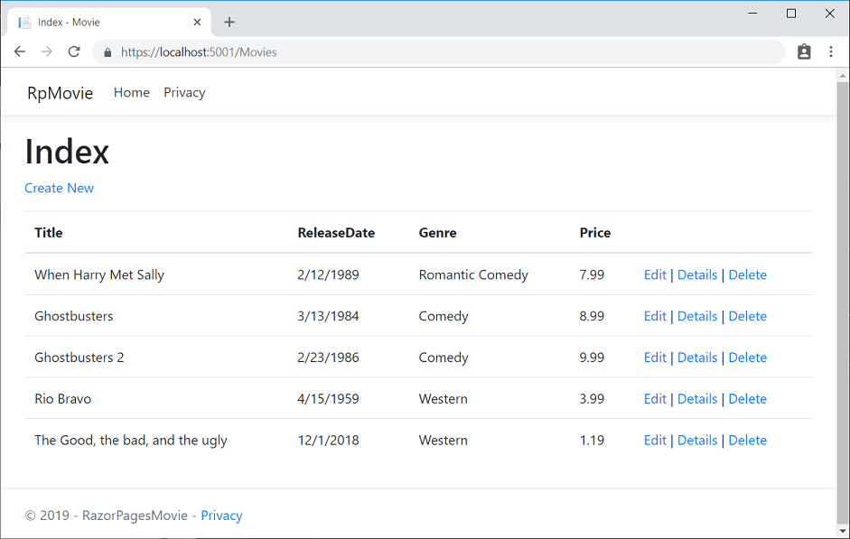 La aplicación Movie se abre en Chrome y muestra datos de la película
