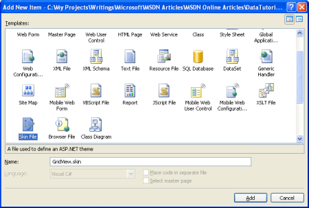 Agregar un archivo skin denominado GridView.skin