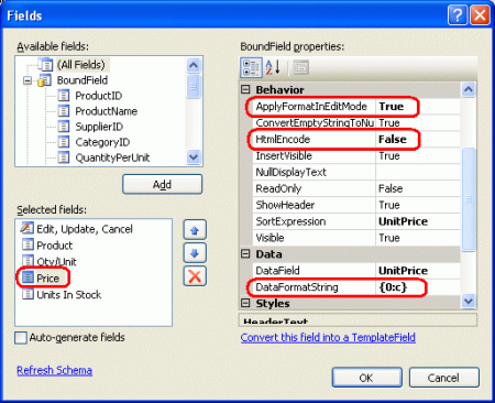 Configurar UnitPrice BoundField para mostrar como moneda