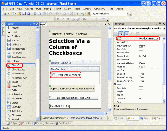 Agregar un control web CheckBox denominado ProductSelector a TemplateField s ItemTemplate