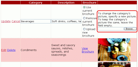 La interfaz de edición incluye un control FileUpload