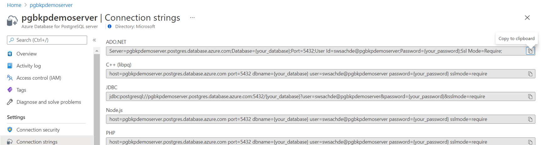 Captura de pantalla que muestra la cadena de conexión del servidor de Azure Database for PostgreSQL como un secreto.