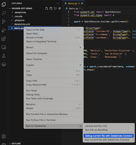 Depuración del archivo actual desde el menú contextual