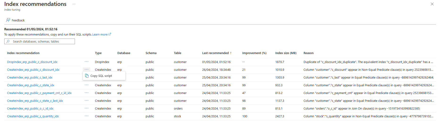 Captura de pantalla que muestra cómo copiar la instrucción SQL desde la página 