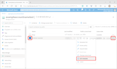 Captura de pantalla que muestra cómo acceder a los metadatos del contenedor en Azure Portal.