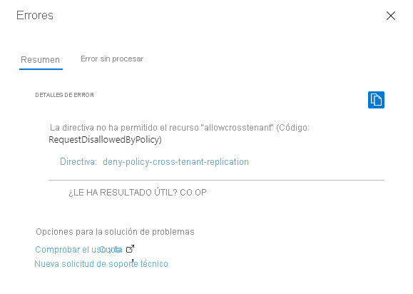 Captura de pantalla que muestra el error que se produce al crear una cuenta de almacenamiento que infringe la directiva