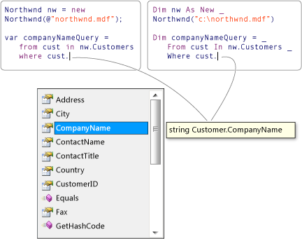 Diagrama que muestra una consulta LINQ con IntelliSense.