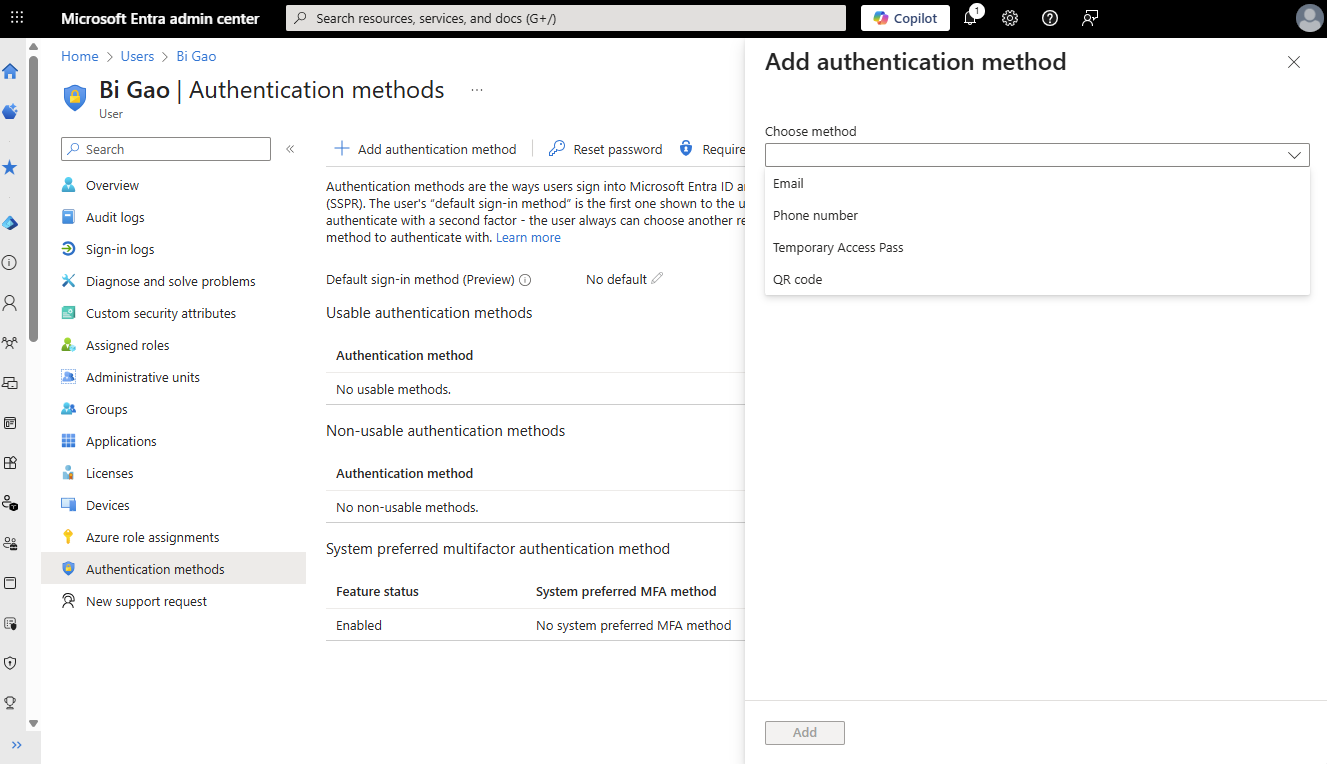 Captura de pantalla de cómo agregar métodos de autenticación desde el Centro de administración de Microsoft Entra.