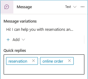 Captura de pantalla de respuestas rápidas en un nodo de Mensaje.