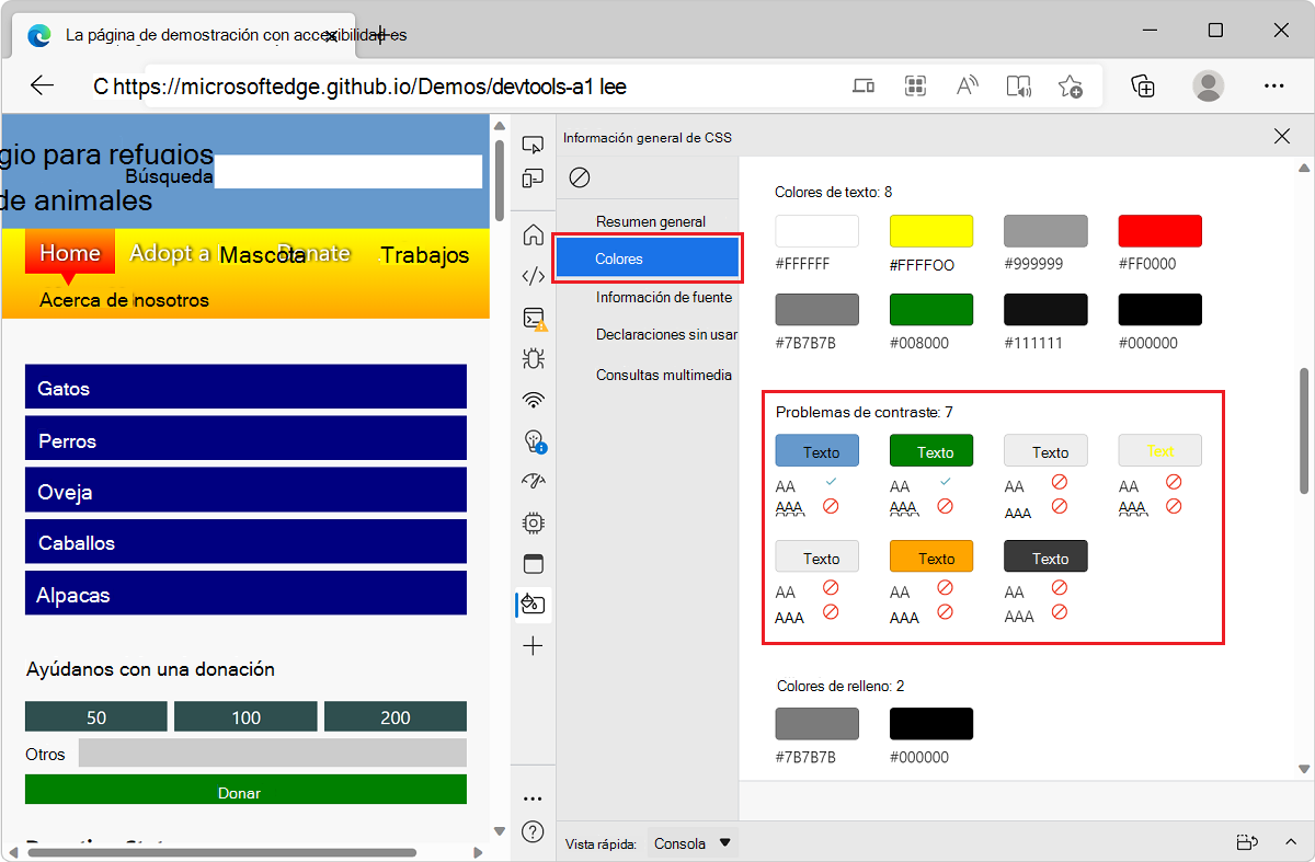 Microsoft Edge, con la aplicación de demostración de lista TODO y DevTools, que muestra una lista de problemas de contraste en el informe de información general de CSS