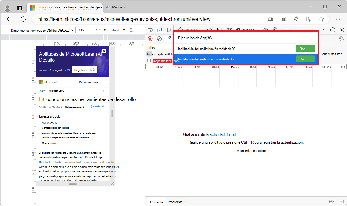 Selección de Habilitar limitación rápida o lenta de 3G en el menú Comando