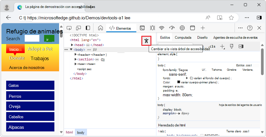 La herramienta Elementos con el botón 