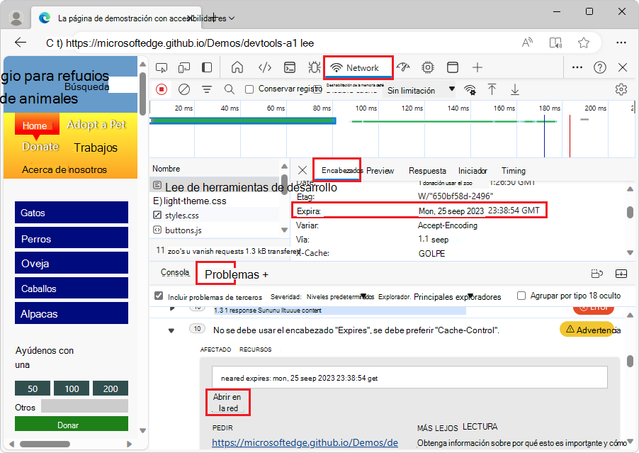 La herramienta Red se abre al seleccionar un vínculo de recurso de red