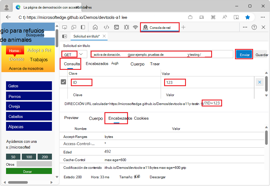 Escribir pares clave-valor para construir una dirección URL en la herramienta Consola de red
