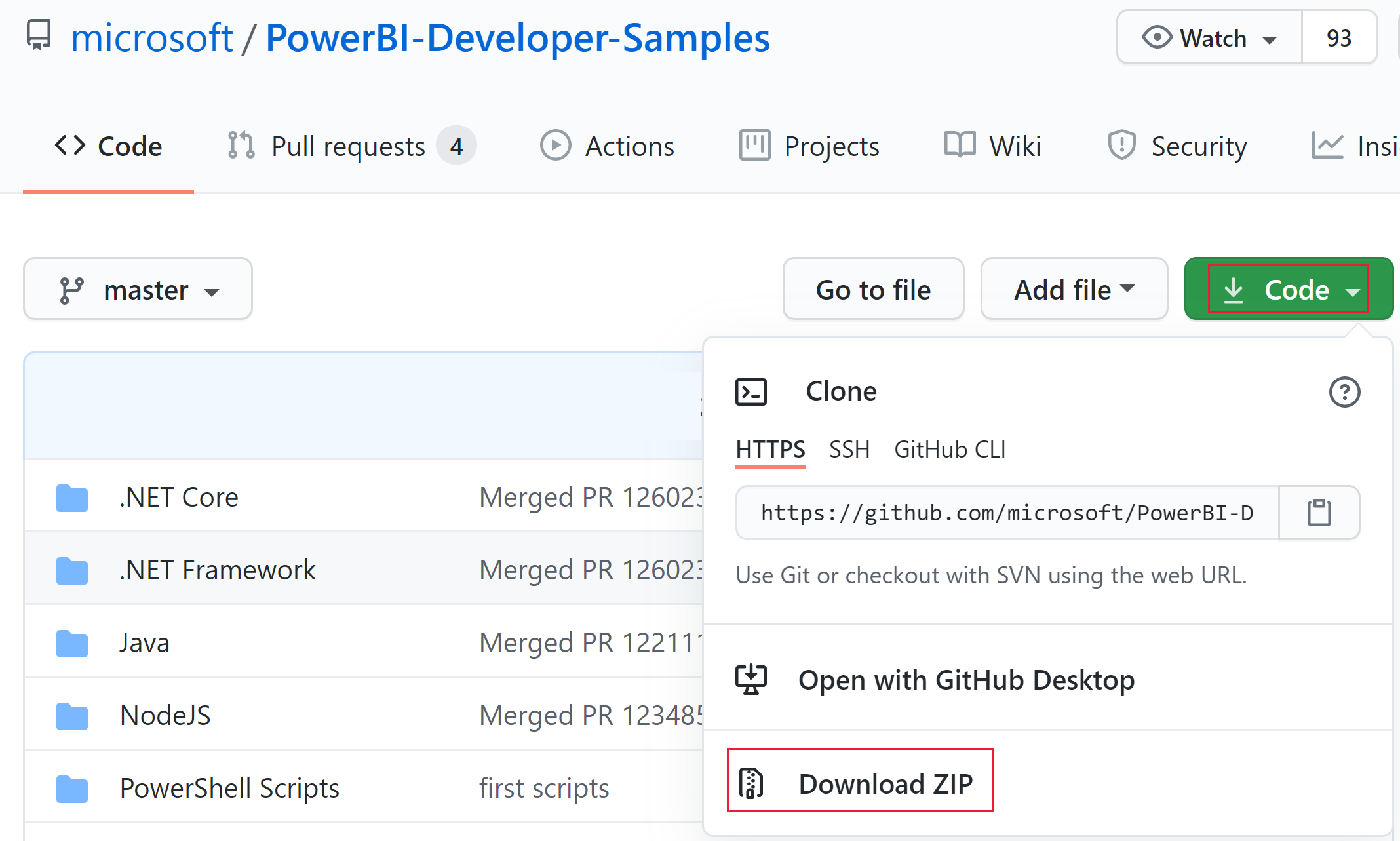 Captura de pantalla que muestra la opción de descarga de ZIP en los ejemplos de desarrollador de Power&nbsp;BI de GitHub