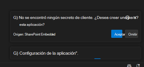 Notificación DE VS Code de SPE que solicita al usuario que le permita crear un secreto para la aplicación si no existe.