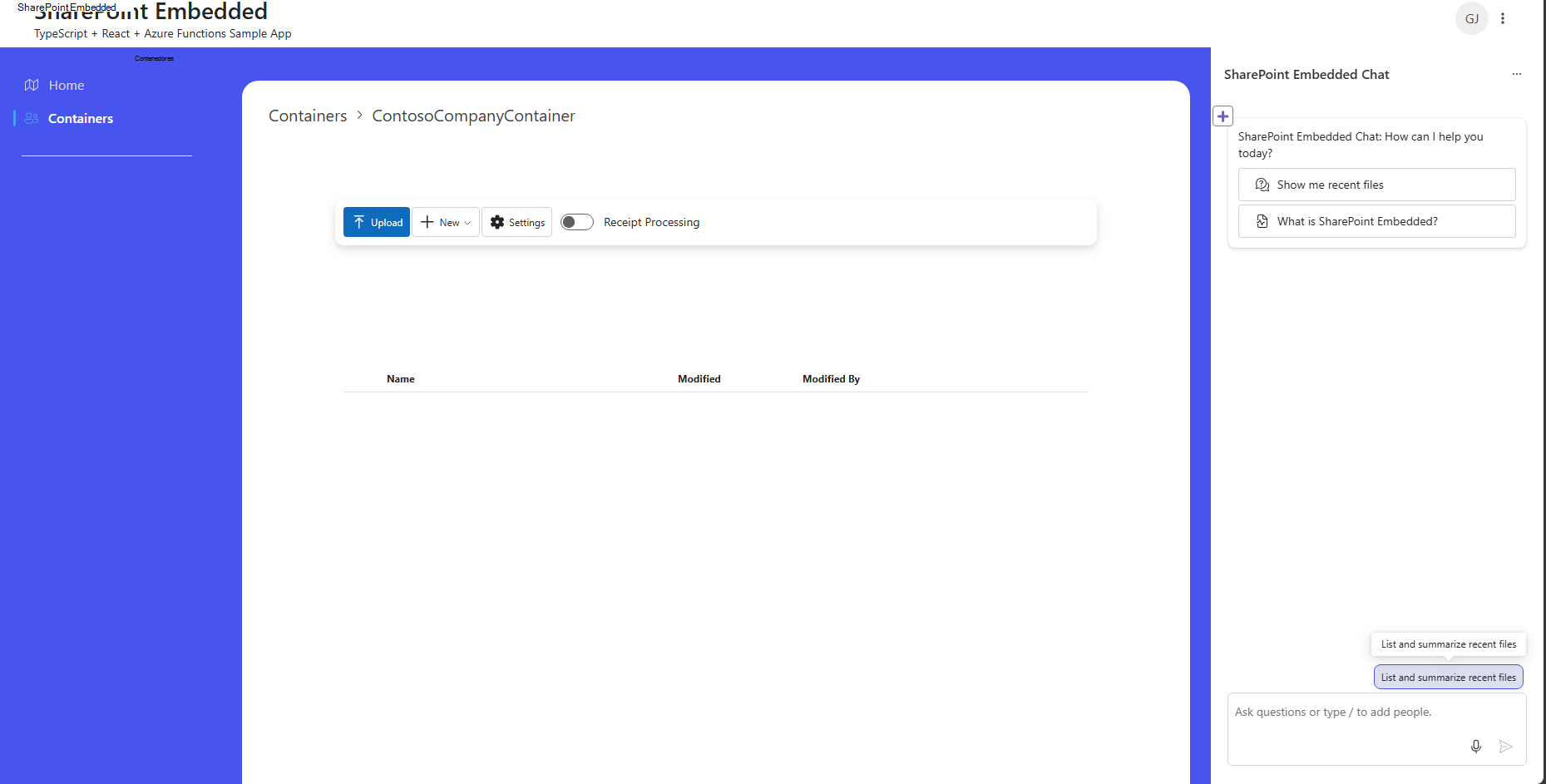 Aplicación SPE Typescript que se ejecuta en el perímetro dentro de una página de contenedor creada de ContosoCompanyContainer