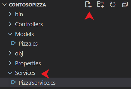 Captura de pantalla de Visual&nbsp;Studio Code de la incorporación de un nuevo archivo a la carpeta Services.