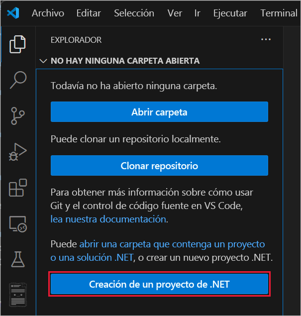 Captura de pantalla de la selección de Crear proyecto de .NET.