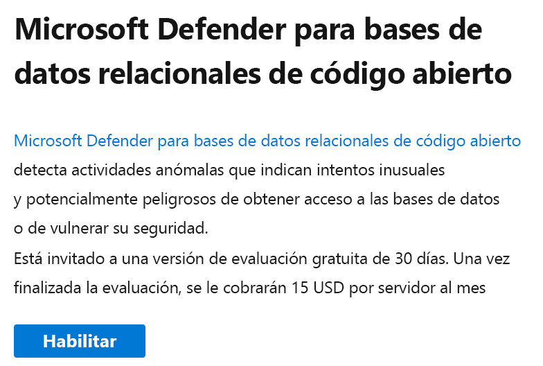 Captura de pantalla de la selección para habilitar Microsoft Defender for Cloud.