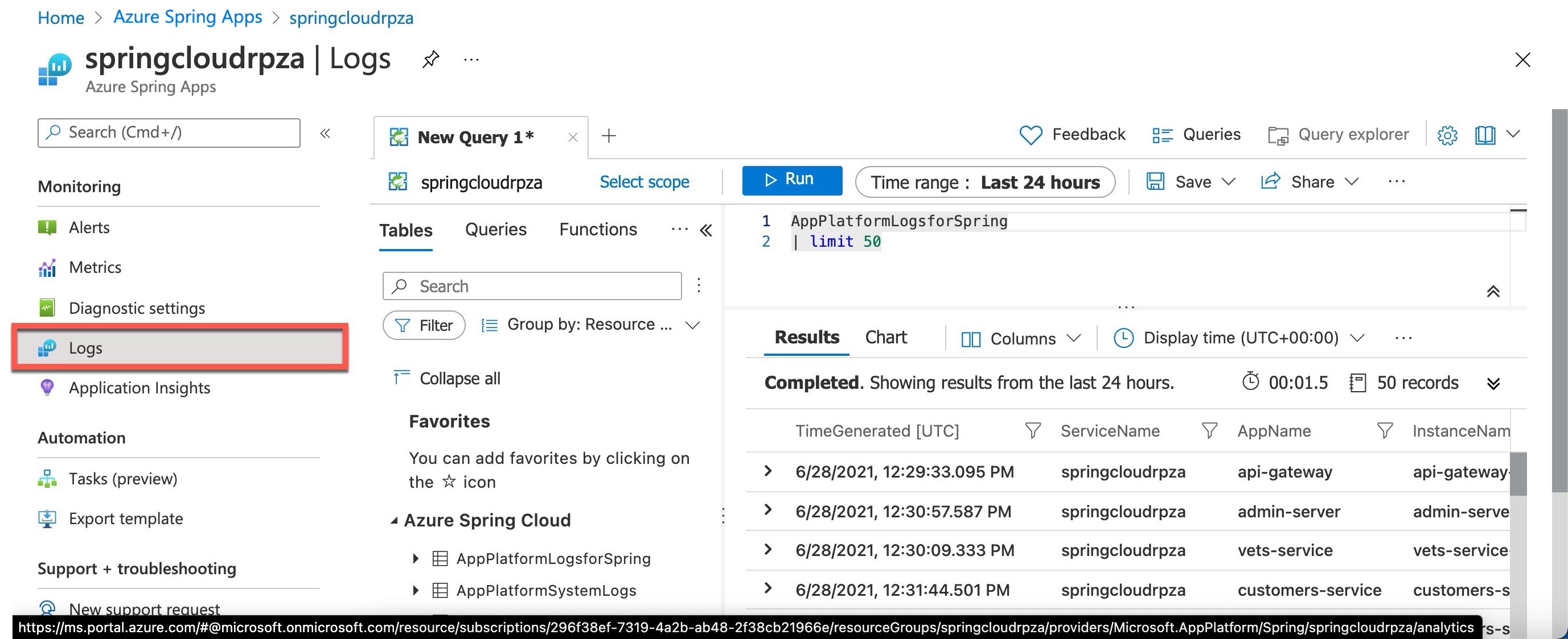 Captura de pantalla que muestra la consulta de los registros de Azure Spring Apps.