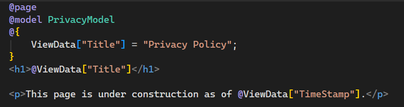Captura de pantalla que muestra el archivo Privacy.cshtml abierto en el editor de Visual Studio Code con el texto actualizado.