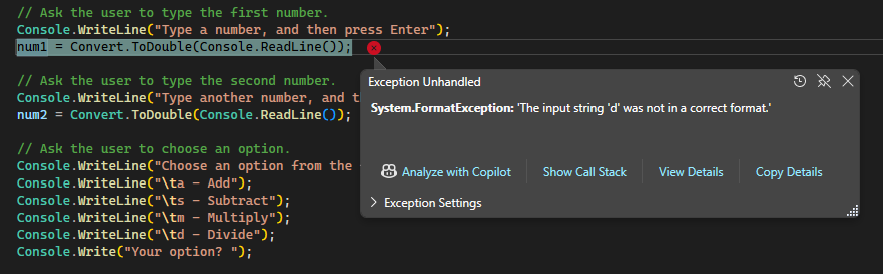 Captura de pantalla que muestra un error de formato no controlado en el editor de Visual Studio Code.