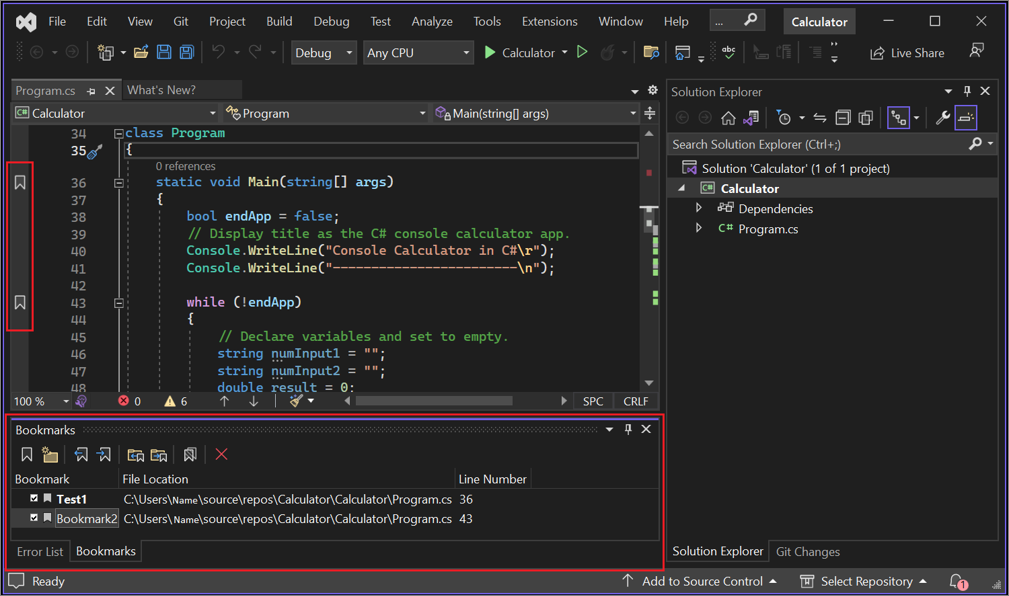 Captura de pantalla de la ventana Marcadores de Visual Studio que tiene marcadores agregados.