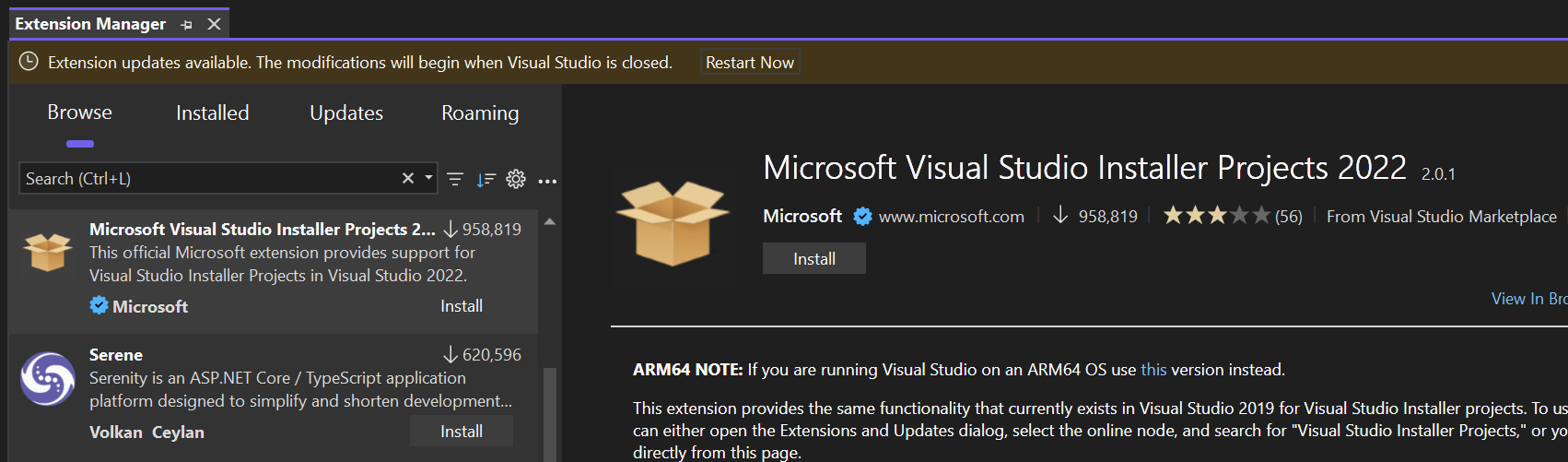 Captura de pantalla que muestra cómo Visual Studio le notifica las actualizaciones de extensiones que están disponibles.