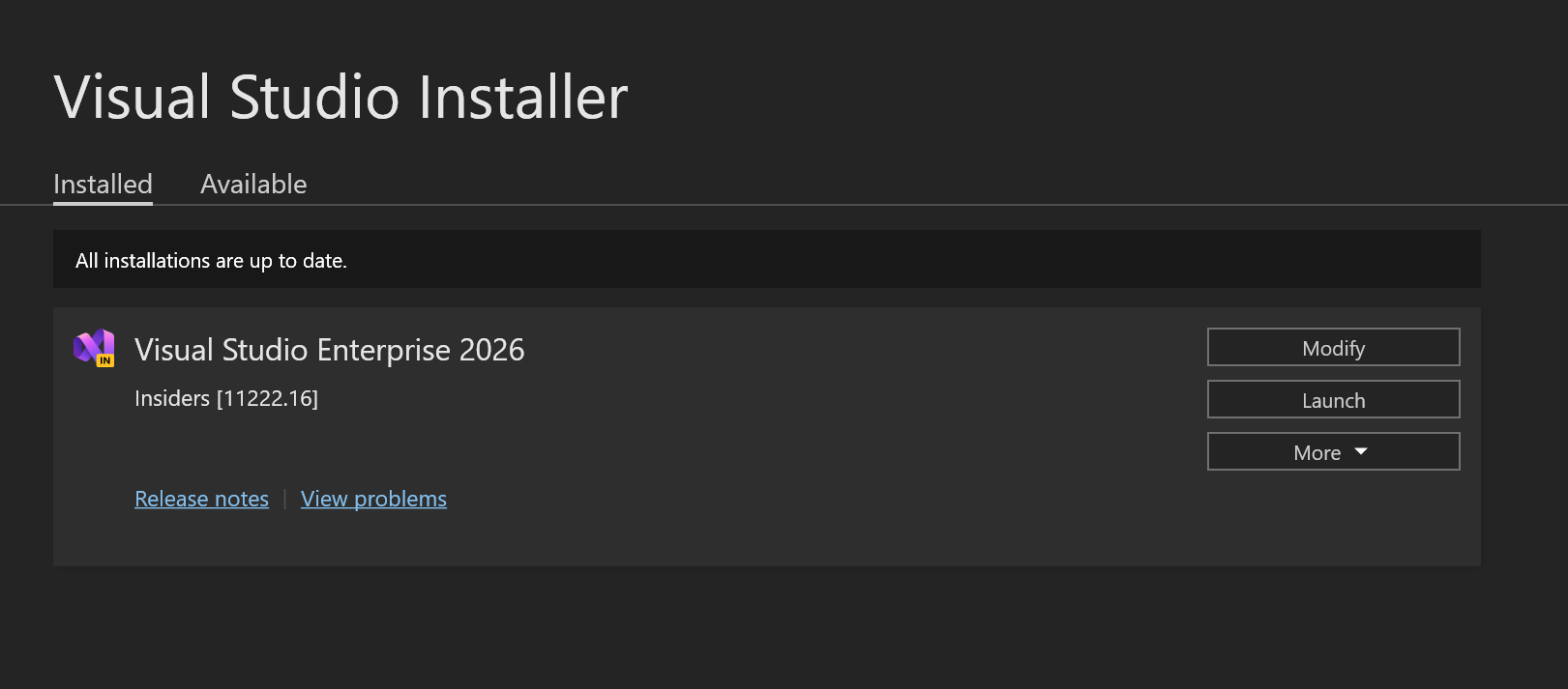 Captura de pantalla de una lista de instalaciones de Visual Studio en el Instalador de Visual Studio.