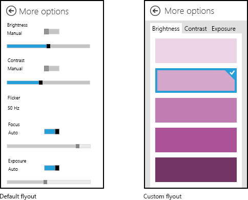 Imágenes en paralelo del control flotante predeterminado para obtener más opciones de cámara y un control flotante personalizado.