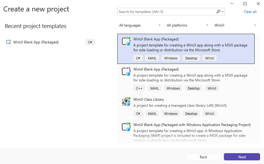 Aplicación de escritorio WinUI 3 C# empaquetada y en blanco
