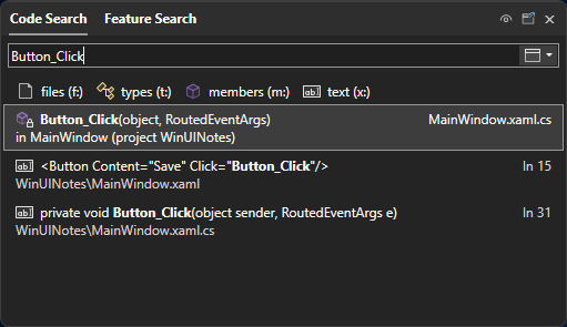Característica de búsqueda en Visual Studio