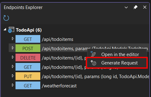 Menu de contexto do Gerenciador de Pontos de Extremidade realçando o item de menu Gerar Solicitação.