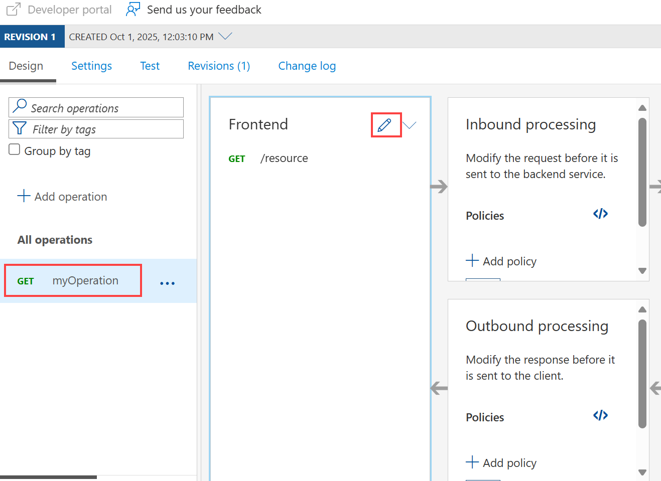 Captura de tela que mostra o processo de edição de uma API no Gerenciamento de API.