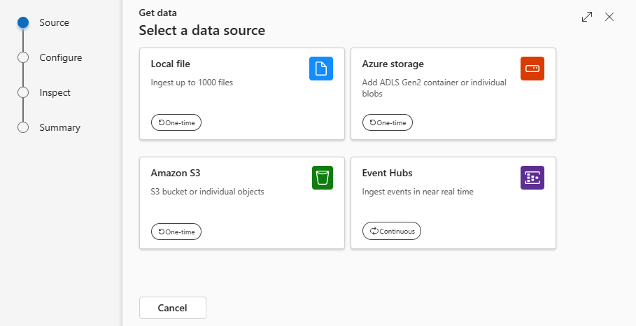 Captura de tela da janela Obter dados com a guia de origem selecionada.